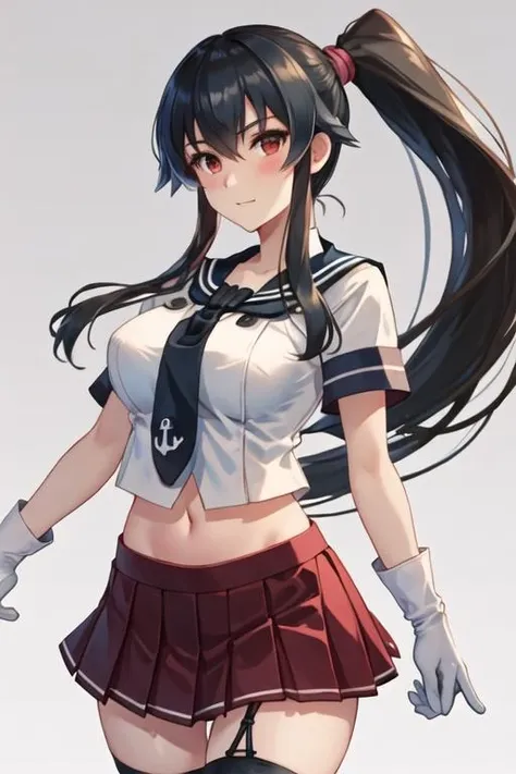 best quality, masterpiece, highres, solo, {yahagi_kantaicollection:1.15}, long_hair, black_hair, ponytail, red_eyes, sidelocks, breasts, hair_between_eyes, large_breasts, 1girl, school_uniform, serafuku, looking_at_viewer, gloves, white_gloves, skirt, midriff, navel, red_skirt, blush