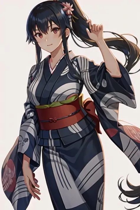 best quality, masterpiece, highres, solo, {yukata:1.40}, {kimono:1.20}, {yahagi_kantaicollection:1.15}, long_hair, black_hair, ponytail, red_eyes, sidelocks, breasts, hair_between_eyes, large_breasts