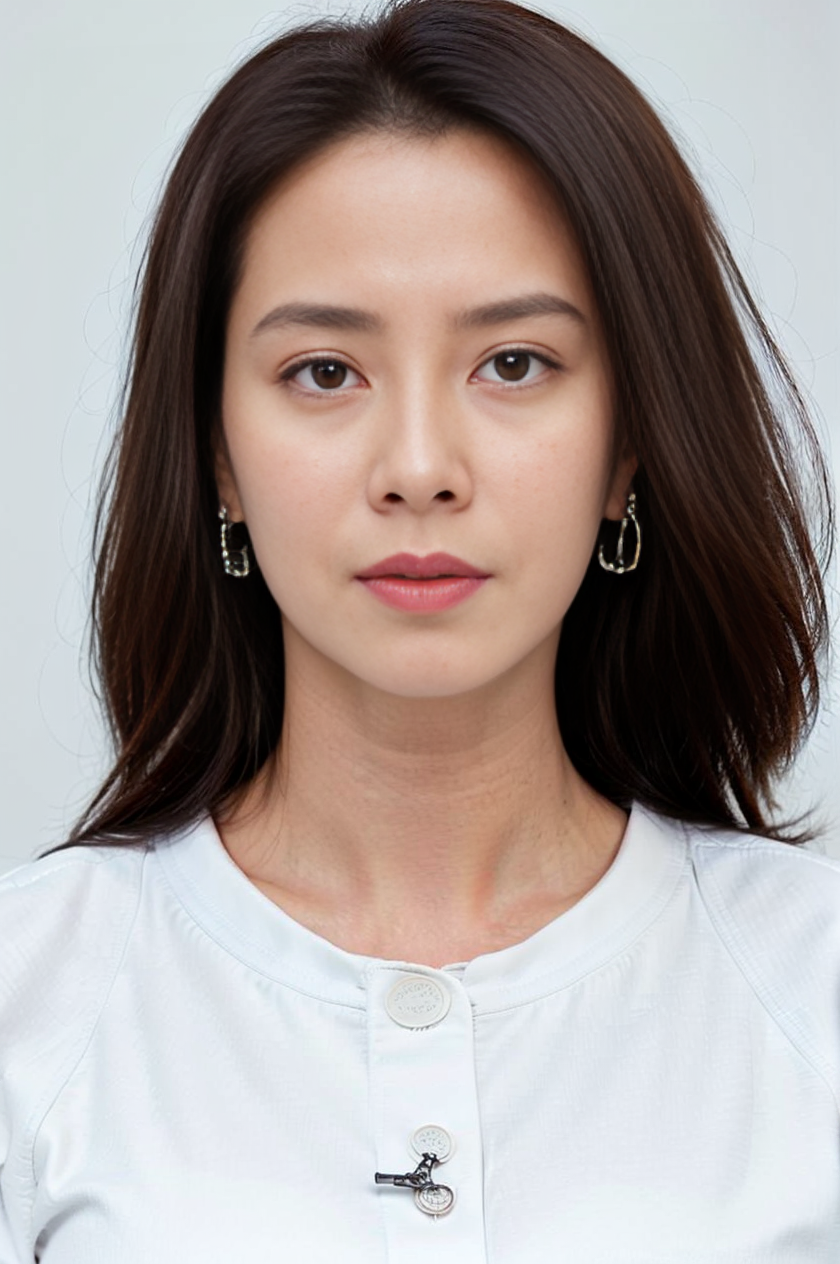 A close up of a woman with a white shirt and earrings - SeaArt AI