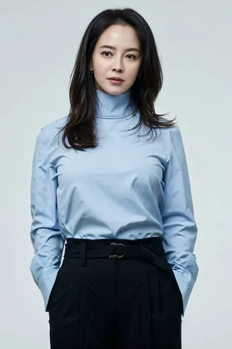 a woman in a blue shirt and black pants posing for a picture with her hands on her hips and her hands on her hips