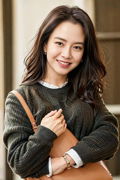 a woman holding a brown bag and smiling at the camera with her hands on her chest and her arm around her neck