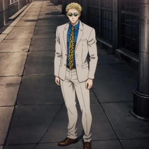 masterpiece,highres,high quality,extremely detailed,solo,
<lora:KentoNanami001:0.7>,
goggles,tinted eyewear,
KentoNanami,1man,
serious,jacket,formal,suit,collared shirt,blue shirt,necktie,yellow necktie,leopard print,
full body,