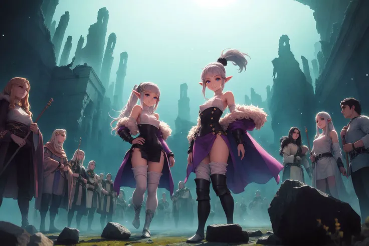 (odsp:1.1), intricate details, (2girls:1.1), female elf, size difference, height difference, have a discussion, hand on hip, (Smile:1.1), looking at viewer, pink & black armored dress, gold trim, fur jacket, high ponytail, hair ornament, sidelocks, messy hair, light blue eyes, gradient eyes, (covered nipples:1.0), small breasts, (crowd of adventurers:1.2), floating flags, marching army, ancient ruin, damaged buildings, rocks, mystic forest, cinematic lighting, light particles <lora:vanillaware_style_v04:1>