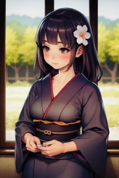(intricate details), (solo, 1girl:1.1), eyelashes, dark blue hair, blunt bangs, medium breasts, blush, seductive, partially undressed, collarbone, (food awe:1.1), (dark brown japanese clothing:1.25), (in front of window, large window, Bachelor's_Button \(flower\), countryside, indoors, trees, sky), sunbeam, blurry background, soft lighting, bloom effect, mystic, uncensored, (obmu:1.1), <lora:vanillaware_style_v04:1>