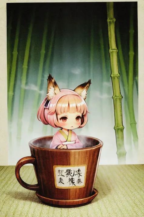 (chibi:1.8), (intricate details), (solo, 1girl, fox ears:1.1), zombie pose, eyelashes, golden hair, blunt bangs, medium breasts, blush, seductive, collarbone, (confused:1.1), (pink japanese clothing:1.25), (kanji calligraphy poem haiku:1.1), sake bottle, sakazuki, choko \(cup\), (bamboo, bamboo forest, day, sky), foggy atmosphere, blurry background, soft lighting, bloom effect, mystic, uncensored, (obmu:1.1), <lora:vanillaware_style_v04:1>
