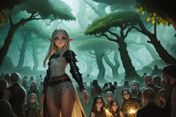 13sen, intricate details, (2girls:1.2), side-by-side, face-to-face, female elf, size difference, height difference, (:q:1.1), looking at viewer, flat chest, bronze & light brown armored dress, gold trim, sidelocks tied back, asymmetrical fringe, disheveled hair, teal eyes, gradient eyes, crowd of adventurers, ancient ruin, mystic forest, cinematic lighting, light particles, dim light, D&D, rpg <lora:vanillaware_style_v04:1>