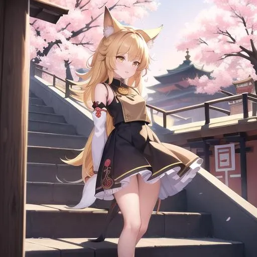 masterpiece, best quality, 1girl, yellow eyes, medium hair, stairs, cherry blossoms, temple, fox girl, detached sleeves, animal ears, happy, arms behind back,