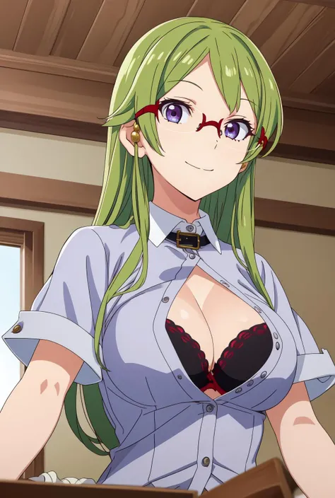 (best quality), (masterpiece), mineru_wachi, collared shirt, short sleeves, cleavage, bra, hair ornaments, smiling, looking at viewer, indoors, <lora:mineru_wachi:1>