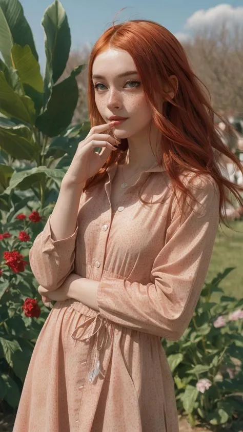 (realistic), (epic realistic),
solo, 26 years old, <lora:KDRkitten:0.9>, (KDRkittenTI:1), (light_red_staight _hair:1.4), (narrow_eyes), (small_eyes), (green_eyes), (freckles), (petite),
nature, leaves, (pink dress), red jacket, garden, (flowers), open jacket