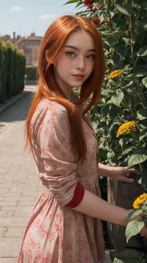 (realistic), (epic realistic),
solo, 26 years old, <lora:KDRkitten:0.9>, (KDRkittenTI:1), (light_red_staight _hair:1.4), (narrow_eyes), (small_eyes), (green_eyes), (freckles), (petite),
nature, leaves, (pink dress), red jacket, garden, (flowers), open jacket
