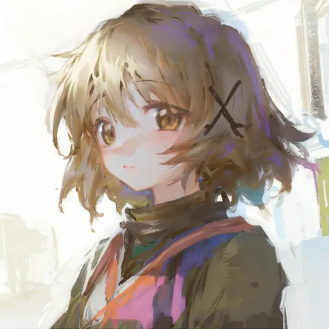 masterpiece,best quality,highres,1girl,solo,closed mouth,<lora:OilPaint:1>,(looking at viewer:1.1),<lora:yuno-hidamari-01:1>,yuno \(hidamari sketch\),melancholy,cowboy shot,yamabuki high school uniform,