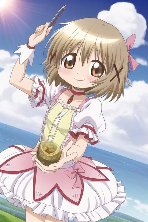 masterpiece, best quality,ultra detail, <lora:anmnr01:0.3> <lora:add_detail:0.5>,<lora:GoodHands-vanilla:0.8>, <lora:yuno-hidamari:0.7>,yuno,hold big pen,,smile,looking at viewer <lora:kaname_madoka_outfit-base-anylora-v1-1-1-000015_1_BiiiiMoOOo_WOF:1>sky,cloud,sunshine, kaname_madoka_outfit,stylish pose,dutch angle