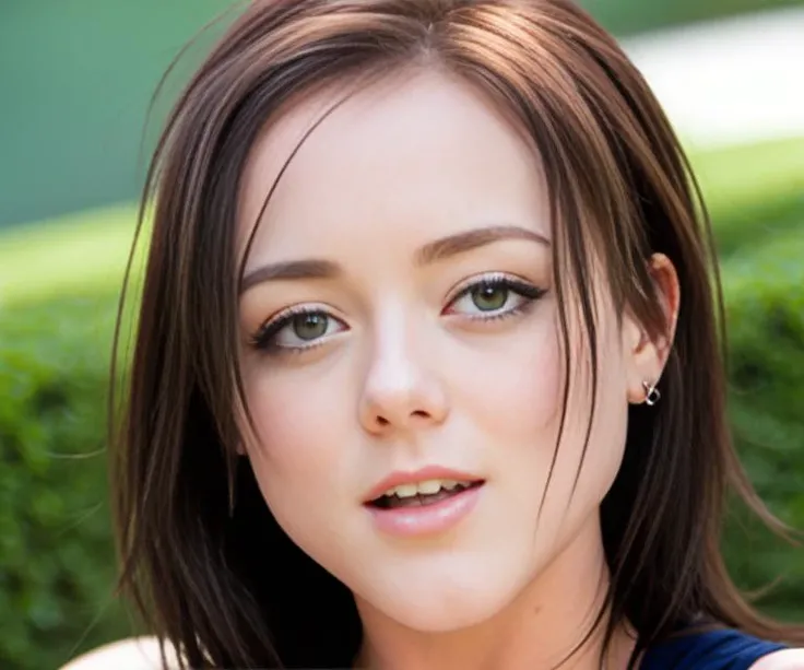 (extreme (face closeup)) of DebbieBoydeV1. Smiling. Sunny, natural, realistic, photograph.