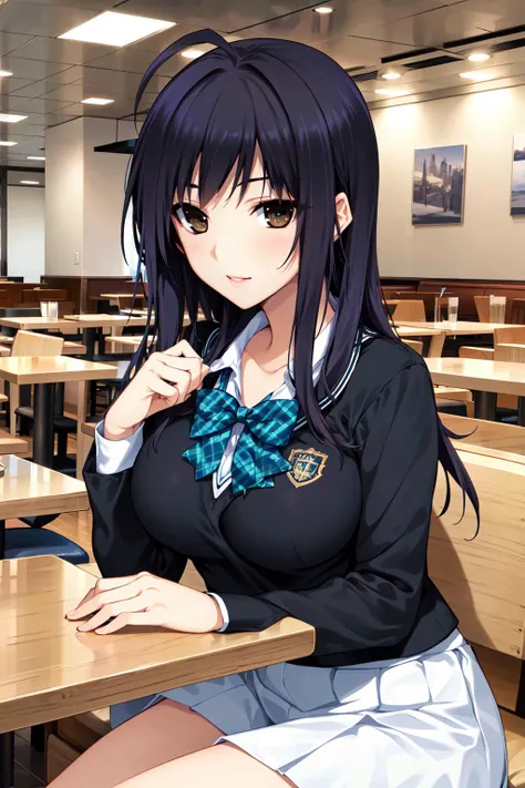 masterpiece, best quality, highres, aawakoto, long hair, ahoge, <lora:izumi_wakoto_v1:0.7>, school uniform, bowtie, blue shirt, white skirt, restaurant, sitting, table