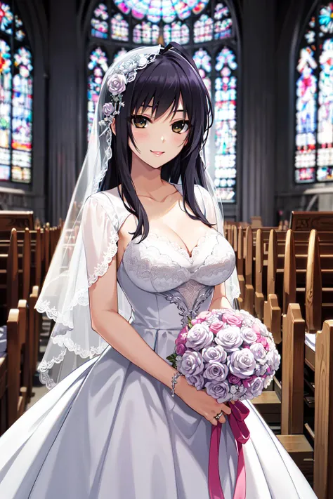 masterpiece, best quality, highres, aawakoto, 1girl, long hair, ahoge, <lora:izumi_wakoto_v1:0.6>, wedding dress, white dress, veil, smile, holding bouquet, church,