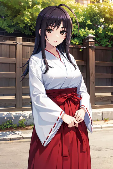masterpiece, best quality, highres, aawakoto, long hair, ahoge, <lora:izumi_wakoto_v1:0.6>, miko, japanese clothes, hakama, red skirt, outdoors, standing, cowboy shot, arms at sides, looking at viewer,