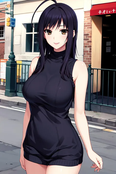 masterpiece, best quality, highres, aawakoto, 1girl, long hair, ahoge, <lora:izumi_wakoto_v1:0.6>, sweater dress, turtleneck, sleeveless, smile, cowboy shot, street,