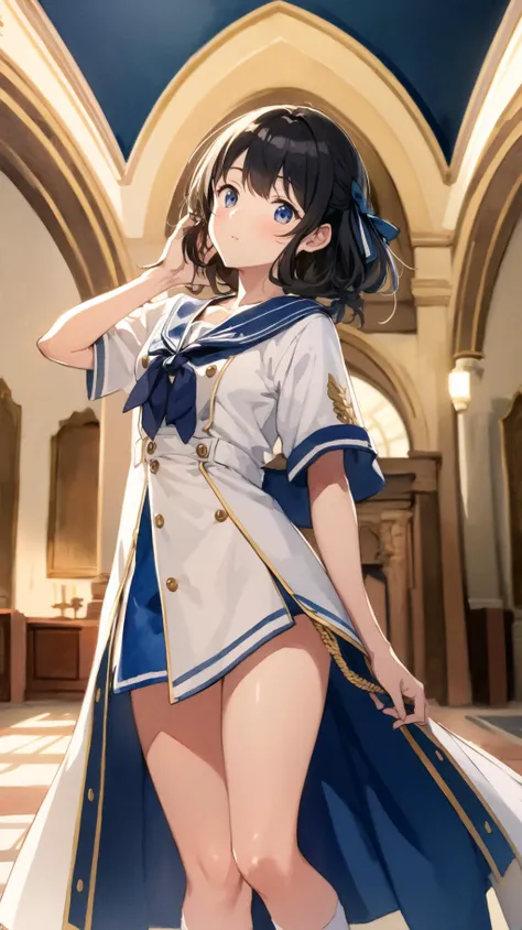 masterpiece, best quality, highres, BREAK, <lora:SailorDress:0.8>,(saidr:1.2), , future western-style room midnight, , watercolor painting, , arched back, thighs, 20 years old,looking down, , @vf_random:face