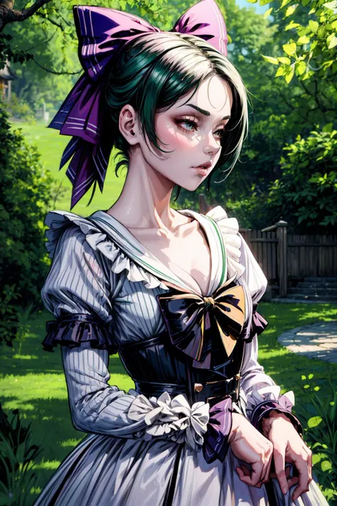 ((best quality)), ((masterpiece)), (detailed), beautiful woman leaning against a tree in a lush park, <lora:SailorDress:0.7>, <lora:GreenHairPurpBow:0.4>, extremely detailed, masterpiece, 8k, highest quality, trending on pixiv, white dress, green hair, purple bow, <lora:add_detail:1.3>, DEN_rubyalexia_SG