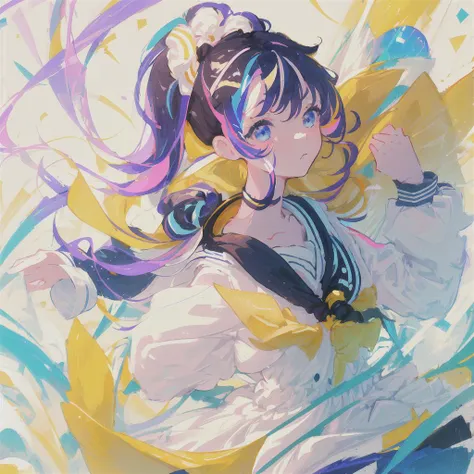 masterpiece, 4k, ultra high quality cg, best quality,
 <lora:SailorDress:1> sailor collar, (sailor dress:1.2), 1girl, high ponytail, swept bangs, flipped hair, purple hair, blue eyes, green_splash_of_paint, streaked hair, yellow_hair_streaks,