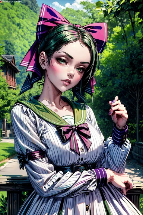 ((best quality)), ((masterpiece)), (detailed), beautiful woman leaning against a tree in a lush park, <lora:SailorDress:0.75>, <lora:GreenHairPurpBow:0.5>, extremely detailed, 8k, highest quality, dynamic pose, white dress, green hair, purple bow, <lora:add_detail:1.3>, DEN_rubyalexia_SG