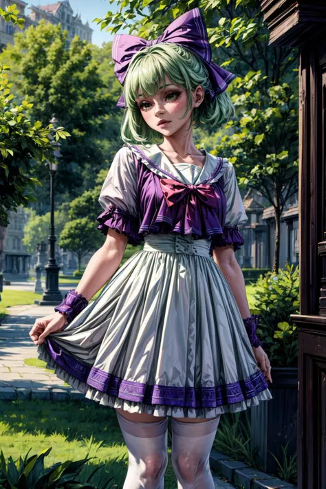 ((best quality)), ((masterpiece)), (detailed), beautiful woman leaning against a tree in a lush park, <lora:SailorDress:0.6>, <lora:GreenHairPurpBow:0.4>, extremely detailed, masterpiece, 8k, highest quality, trending on pixiv, white dress, green hair, purple bow, <lora:add_detail:1.4>
