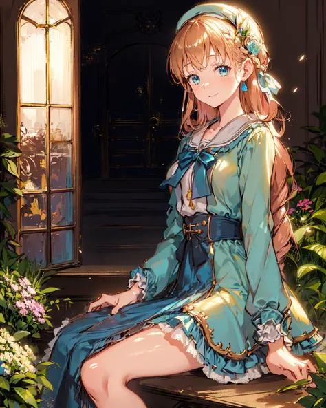 1girl, solo, agnes claudel, woman wearing saidr, blonde hair, blue eyes, sweet smile, waist up portrait, (John Salminen)1.06, fantasy, blues pinks and greens, blue copper, coiling flowers, extremely detailed clothes, masterpiece, 8k, trending on pixiv, highest quality, looking at viewer, outside, flowers <lora:ã«ã__nori31291404_Art_Style:1.2> <lora:AgnesUniform:0.5> <lora:SailorDress:0.8>