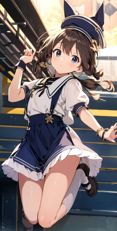 masterpiece, best quality, highres, BREAK, <lora:SailorDress:1>,(saidr:1.2), , decadent farms daytime, , earthy, , jumping, , adult,looking at viewer, , @vf_random:face