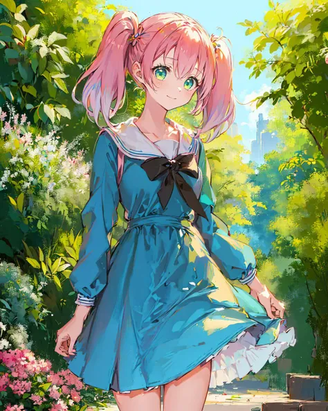 1girl, solo, hiiragi nana, woman wearing saidr, two toned hair, white hair, pink hair, pigtails, green eyes, sweet smile, (John Salminen)1.06, fantasy, copper blue, blue dress, coiling flowers, masterpiece, 8k, highest quality, looking at viewer, outside, flowers <lora:ã«ã__nori31291404_Art_Style:1.2> <lora:SailorDress:0.7> <lora:HiiragiNana:0.4>