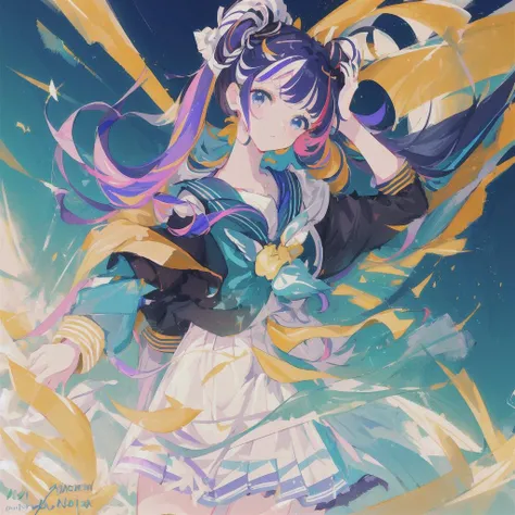 masterpiece, 4k, ultra high quality cg, best quality,
<lora:SailorDress:1> sailor collar, (sailor dress:1.2), 1girl, high ponytail, swept bangs, flipped hair, purple hair, blue eyes, green_splash_of_paint, streaked hair, yellow_hair_streaks,