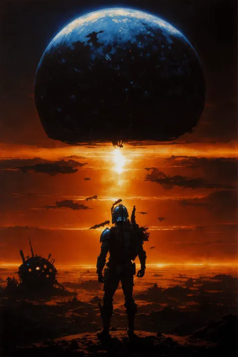 "mandalorian with backlight by beksinski on background with destroyed planets and atomic bomb explosion, backlight"