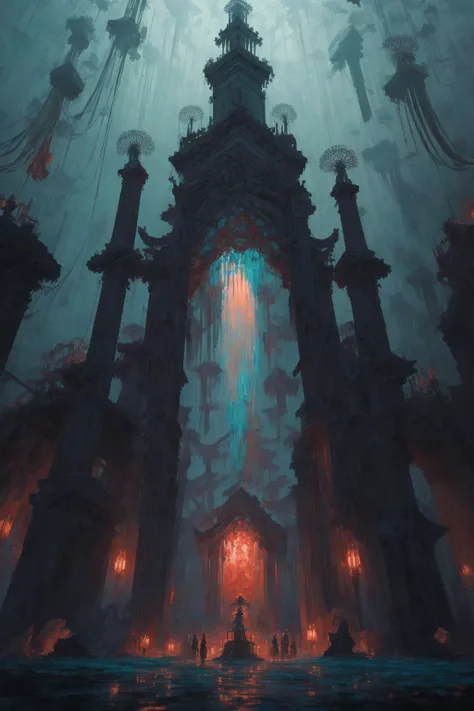 "A painting of priestesses worshipping at the jellyfish temple, shrouded in mist, jellyfish god, jellyfish priestess, jellyfish shrine maiden, 8K, illustration, art by Artgerm and Justin Cheung and Gabriele Dell'Otto, smoke, undersea temple with fish, cinematic, insanely detailed and intricate, hypermaximalist, elegant, super detailed, award-winning, mauve and cinnabar and cyan, rainbow accents, mysterious, ancient, ritual, trending in cgsociety, artstation HQ, ornate, elite, haunting, matte painting, beautiful detailed, insanely intricate details, dreamy and ethereal, otherworldly"