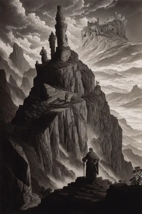 "an engraving of king arthur standing on a rocky outcropping with castle camelot in the background by gustave dore, caspar david friedrich, ian miller, highly detailed, strong shadows, depth, lithograph engraving"