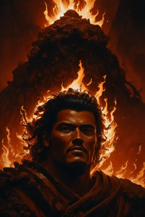 "head and shoulders portrait of a black samurai fire giant, wreathed in flame, inside a volcano, d & d, fantasy, greg rutkowski, frank frazetta, alexandre chaudret, boris vallejo, michael whelan, miro petrov, hr giger, magali villeneuve, donato giancola"