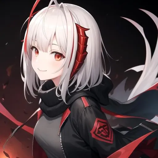 ((masterpiece)),(best quality),official art,extremely detailed CG,unity 8k wallpaper,ultra detailed,1girl,solo,upper body,(portrait:1.2),black_jacket,red_eyes,fingerless_gloves,black_pantyhose,black_gloves,open_jacket,black_skirt,looking_at_viewer,grey_shirt,black_scarf,black_footwear,shoes,short_hair,smile,bandaged_leg,grey_hair,miniskirt,demon_horns,medium_breasts,demon_tail,ahoge,bangs,demon_girl,antenna_hair,multicolored_hair,white_hair,<lora:W(ark)>,