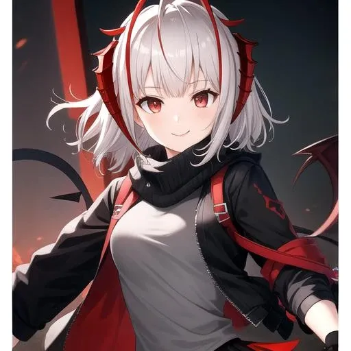 ((masterpiece)),(best quality),official art,extremely detailed CG,unity 8k wallpaper,ultra detailed,1girl,solo,upper body,(portrait:1.2),black_jacket,red_eyes,fingerless_gloves,black_pantyhose,black_gloves,open_jacket,black_skirt,looking_at_viewer,grey_shirt,black_scarf,black_footwear,shoes,short_hair,smile,bandaged_leg,grey_hair,miniskirt,demon_horns,medium_breasts,demon_tail,ahoge,bangs,demon_girl,antenna_hair,multicolored_hair,white_hair,<lora:W(ark)>,