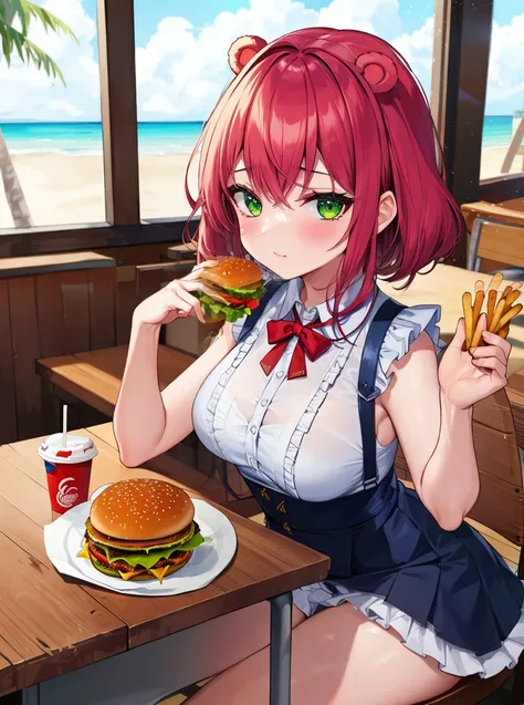 masterpiece, detailed, high quality, absurdres, annielol, 1girl, solo, blush, curvy, white shirt, collared shirt, white bikini, miniskirt, see-through, (frills:1.3), (beach), indoors, sitting, restaurant, (french fries, burger, disposable cup), desk, (stuffed animal, teddy bear),