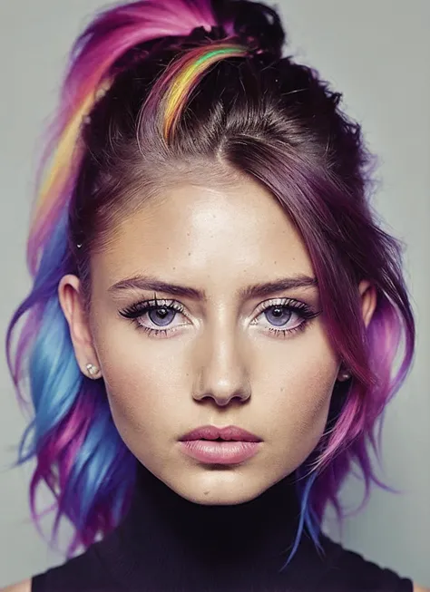 portrait of sks woman by Flora Borsi, style by Flora Borsi, bold, bright colours, rainbow Mohawk haircut, ((Flora Borsi)), <lora:locon_leniklum_v1_from_v1_64_32:1.25>