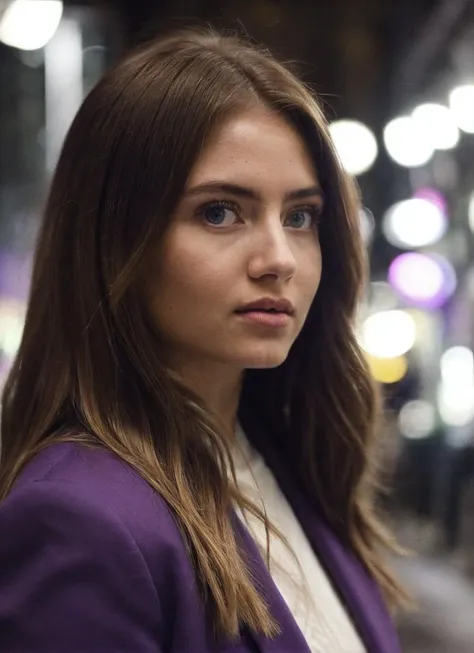 candid RAW close up portrait photo of sks woman in a (purple colored suit:1.0) on a dark street with shopping windows (at night:1.2), bokeh, Ilford Delta 3200 film, dof, high definition, detailed, intricate, flashlight, <lora:locon_leniklum_v1_from_v1_64_32:1.25>