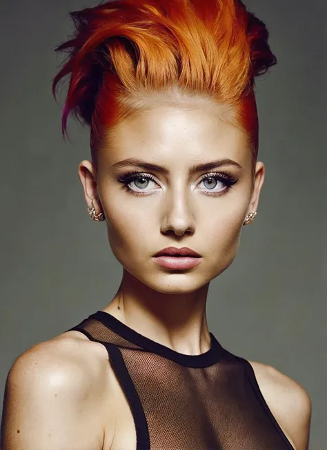 portrait of sks woman by Flora Borsi, style by Flora Borsi, bold, bright colours, orange Mohawk haircut, ((Flora Borsi)), <lora:locon_leniklum_v1_from_v1_64_32:1.25>