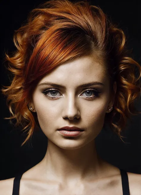 Gorgeous european woman with short hair, wet hair, wavy hair in a loose updo, streaked auburn hair, seductive pose, karen gillan, dressed in a wet summer dress, cleavage, solid dark grey background