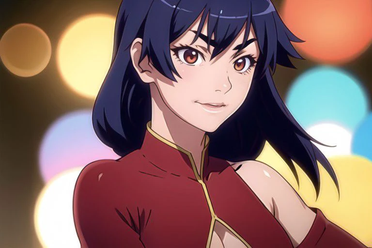 Kanbaru Suruga, Monogatari series, Hanamonogatari, girl wearing blue sequin dress looking at camera, underboob, smirk, side part hair, (8k, best quality, masterpiece:1.2), ultra-detailed, best quality, ultra high res, professional lighting, cinematic lighting, depth of field, sharp focus, good composition, (bokeh:1.2), vivid colors, HDR,