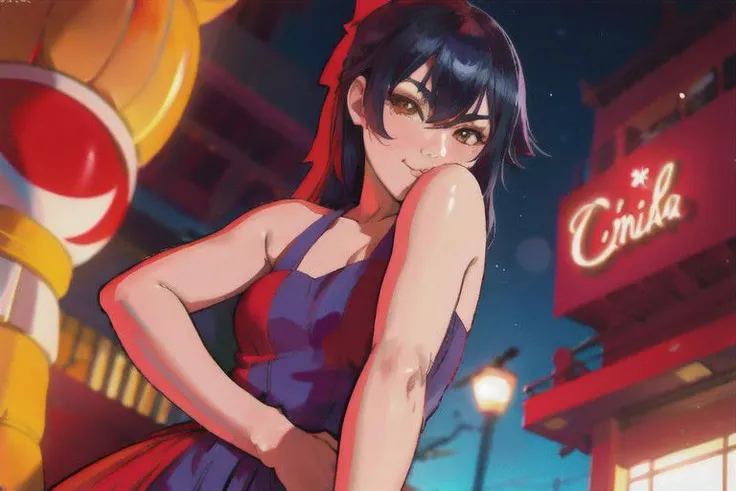 Kanbaru Suruga, Monogatari series, Hanamonogatari, girl wearing blue sequin dress looking at camera, underboob, smirk, side part hair, (8k, best quality, masterpiece:1.2), ultra-detailed, best quality, ultra high res, professional lighting, cinematic lighting, depth of field, sharp focus, good composition, (bokeh:1.2), vivid colors, HDR,