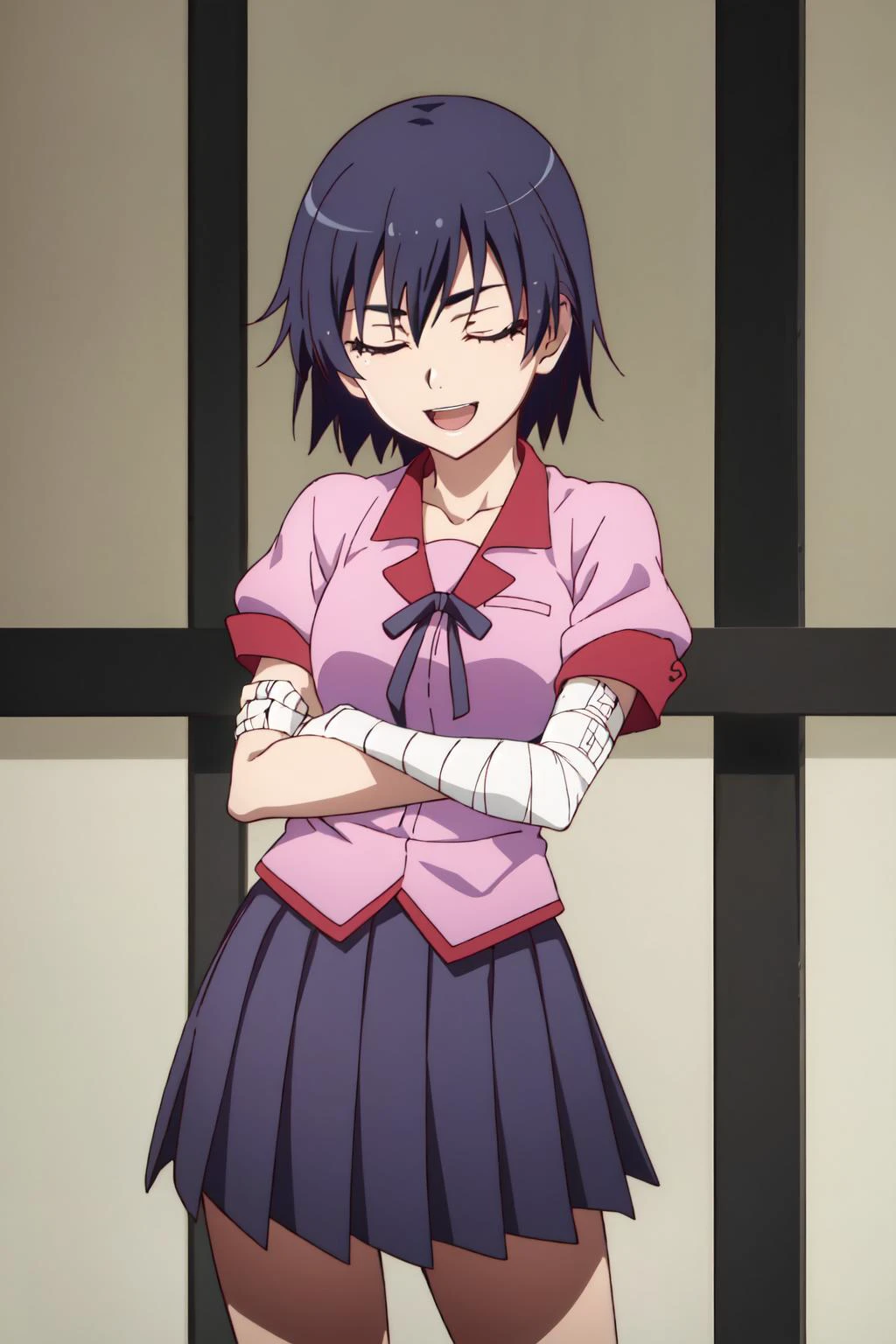 ((best quality)), ((highly detailed)), masterpiece, absurdres, detailed face, beautiful face, (detailed eyes, deep eyes), (1girl), ((dynamic pose)),<lyco:kanbaru-07:0.9>, Kanbaru, 1girl, naoetsu high school uniform, solo, school uniform, short hair, bandages, closed eyes, skirt, black hair, open mouth, smile, blue hair, bandaged arm, parody, ribbon, purple hair, pleated skirt((cowboy shot)),