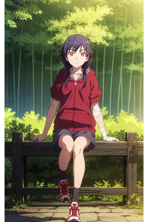 (extremely detailed CG unity 8k wallpaper),(masterpiece),(best quality),(ultra-detailed),(best illustration),(best shadow),(absurdres), <lyco:kanbaru-07:0.9>Kanbaru, 1girl, solo, forest, bandages, twintails, nature, sitting, bamboo, bamboo forest, black hair, shoes, brown eyes, hood, hoodie, sneakers, long hair, bandaged arm, skirt, shorts, blue hair, tree, frown, orange eyes, no humans, looking at viewer, low twintails, jacket, red eyes, outdoors, dark, legs, socks, short hair