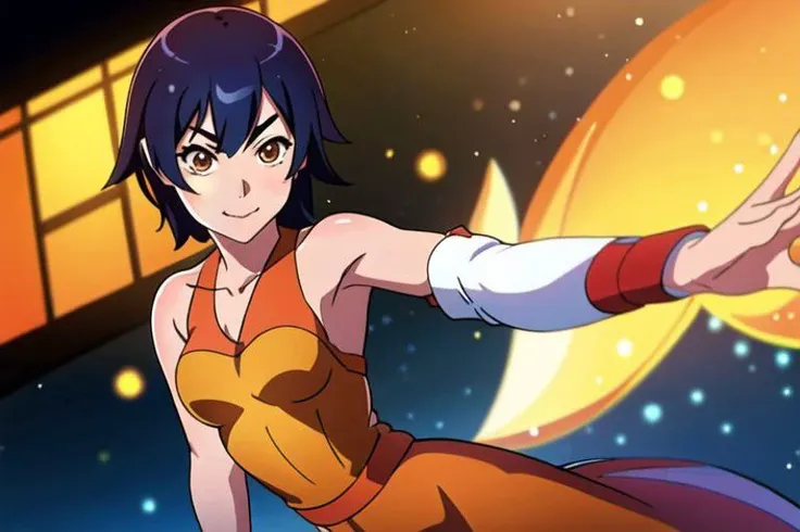 Kanbaru Suruga, Monogatari series, Hanamonogatari, girl wearing blue sequin dress looking at camera, underboob, smirk, side part hair, (8k, best quality, masterpiece:1.2), ultra-detailed, best quality, ultra high res, professional lighting, cinematic lighting, depth of field, sharp focus, good composition, (bokeh:1.2), vivid colors, HDR,