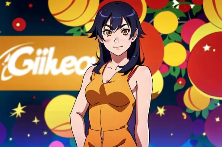 Kanbaru Suruga, Monogatari series, Hanamonogatari, girl wearing blue sequin dress looking at camera, underboob, smirk, side part hair, (8k, best quality, masterpiece:1.2), ultra-detailed, best quality, ultra high res, professional lighting, cinematic lighting, depth of field, sharp focus, good composition, (bokeh:1.2), vivid colors, HDR,