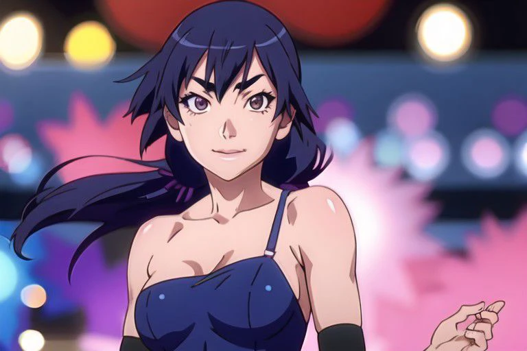 Kanbaru Suruga, Monogatari series, Hanamonogatari, girl wearing blue sequin dress looking at camera, underboob, smirk, side part hair, (8k, best quality, masterpiece:1.2), ultra-detailed, best quality, ultra high res, professional lighting, cinematic lighting, depth of field, sharp focus, good composition, (bokeh:1.2), vivid colors, HDR,