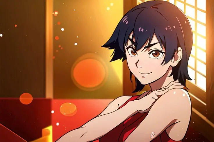 Kanbaru Suruga, Monogatari series, Hanamonogatari, , underboob, smirk, side part hair, (8k, best quality, masterpiece:1.2), ultra-detailed, best quality, ultra high res, professional lighting, cinematic lighting, depth of field, sharp focus, good composition, (bokeh:1.2), vivid colors, HDR,