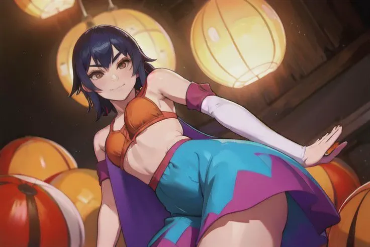 Kanbaru Suruga, Monogatari series, Hanamonogatari, girl wearing blue sequin dress looking at camera, underboob, smirk, side part hair, (8k, best quality, masterpiece:1.2), ultra-detailed, best quality, ultra high res, professional lighting, cinematic lighting, depth of field, sharp focus, good composition, (bokeh:1.2), vivid colors, HDR,